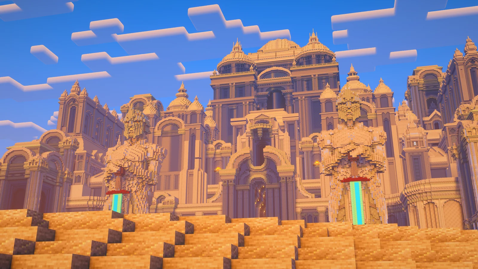 Lawbase map with a monumental golden building and two large statues.