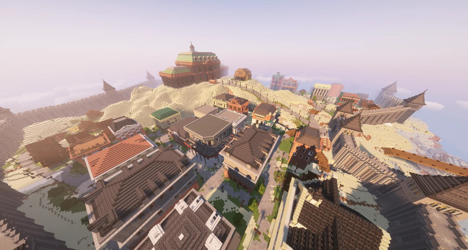 LawHQ map with a walled town, pale terrain, and a large council building.