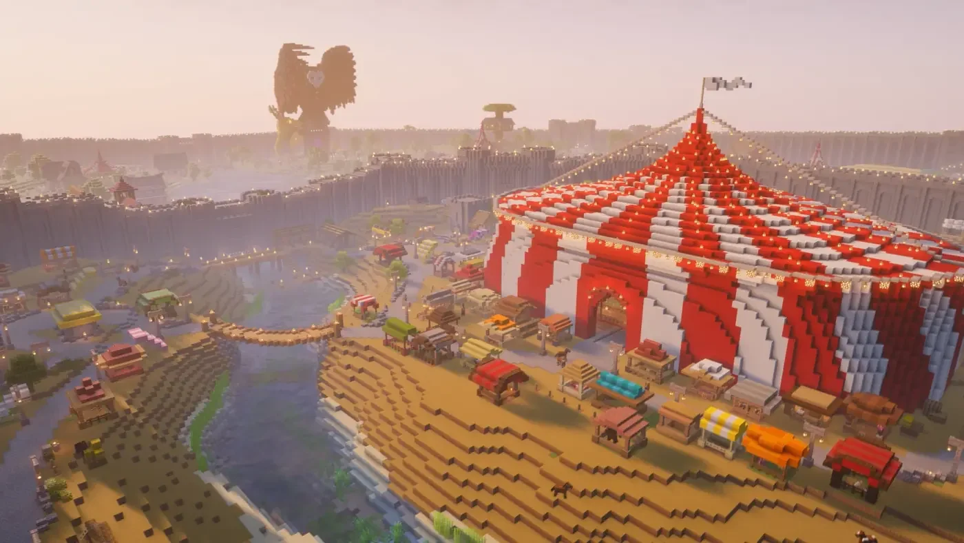 Merchant City map with a red-and-white market tent, riverside stalls, and city walls.